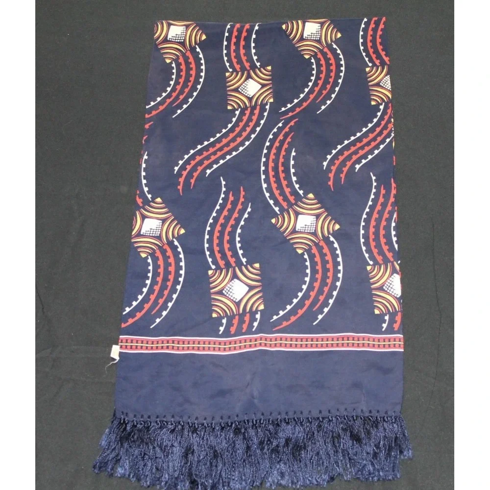 Vintage Rayon Fringe Scarf Navy Blue Red Geometric Abstract Pattern 12x48